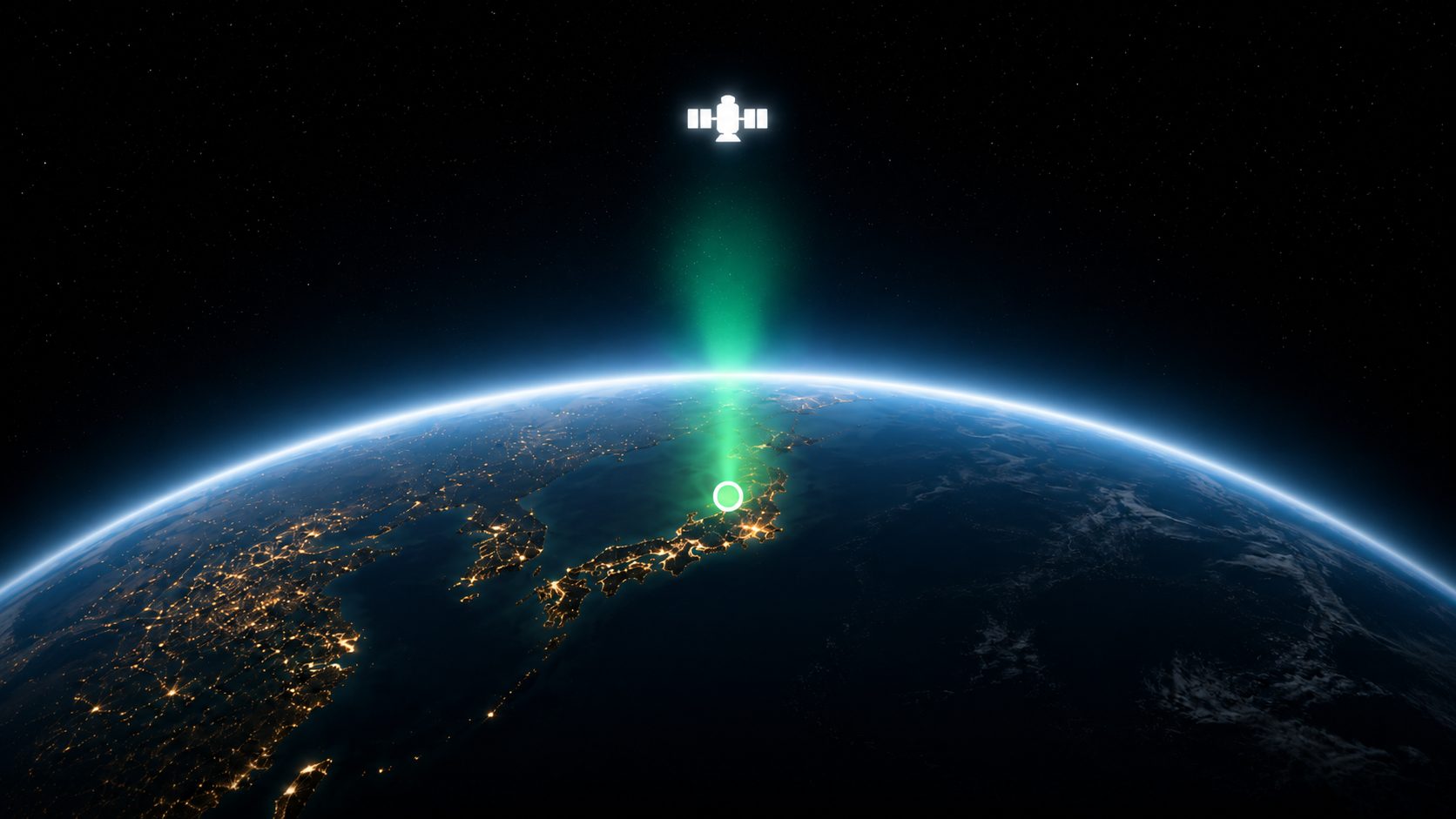 A satellite beaming a signal down to Earth at night