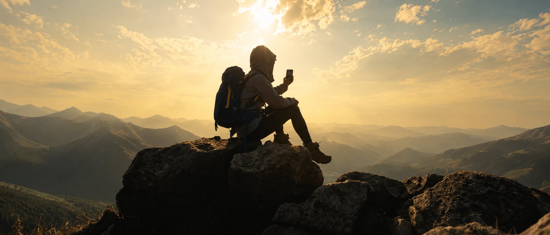 A hiker on a summit at sunset checking a phone